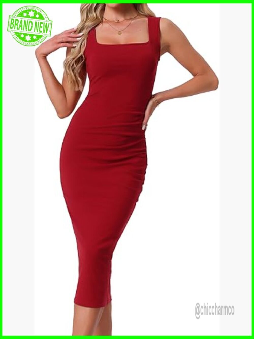 Bodycon Midi Dress Square Neck Sleeveless Ruched Waist Tank Dress for Women